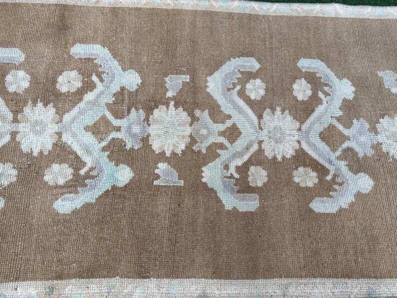 Muted Turkish Runner, Brown Blue Hallway Runner Rug, Organic Bedroom