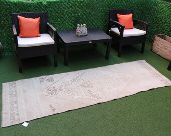 Vintage Oushak Wool Runner Rug: Muted Turkish Decor