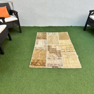Tappeto patchwork turco vintage in lana: tappeto Oushak beige-marrone (3&#39;4&#39;&#39;x5&#39;&#39;)