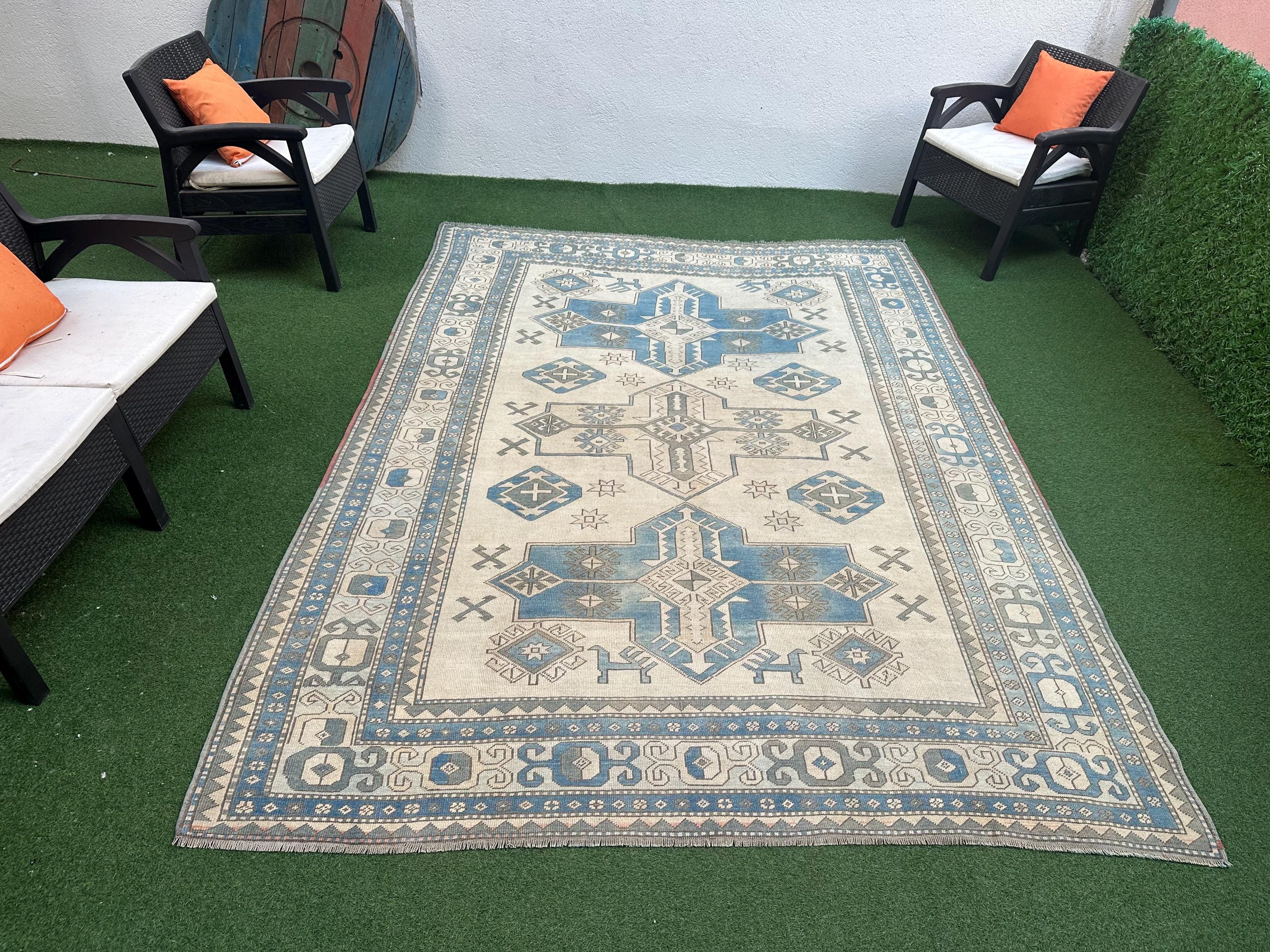 Large Vintage Turkish Wool Rug: 7x10 Blue Oushak Rug - Etsy