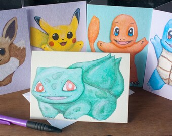 Pokemon Inspired 5 Card Bundle. (Pikachu, Eevee, Charmander, Bulbasaur and Squirtle)