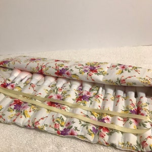 Beautiful Pink-Yellow-Green Floral Large Cosmetic Brush Roll - Travel-Artist
