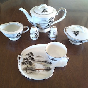 Vintage Japanese Kutani full tea set 23 pc porcelain china hand painted Mt. Fuji