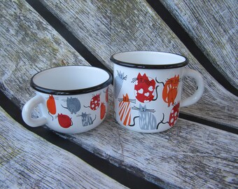 Cats Mugs geek Enamel Mugs 0.25 + 0.4 l / 8.33 + 13.3 floz set 2 pcs mother daughter gift camping dishes nerd mug funny Enamel cup tea metal
