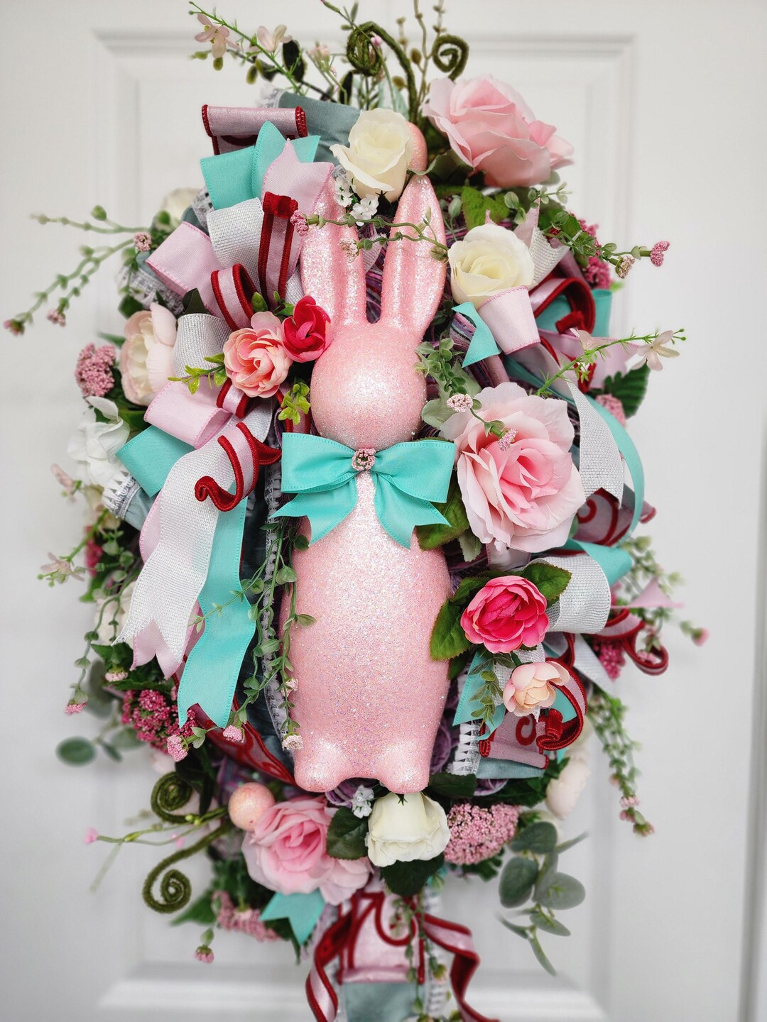 Pink Glitter Bunny Wreath, Spring Floral Door Hanger, Pastel Easter ...