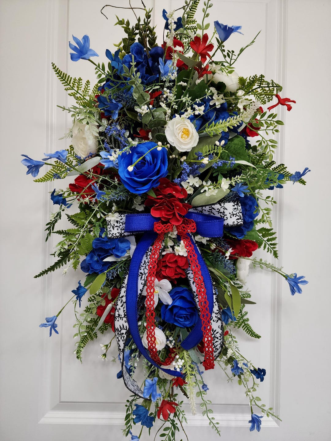 Patriotic Door Swag With Red White and Blue Flowers – Fourth of July ...