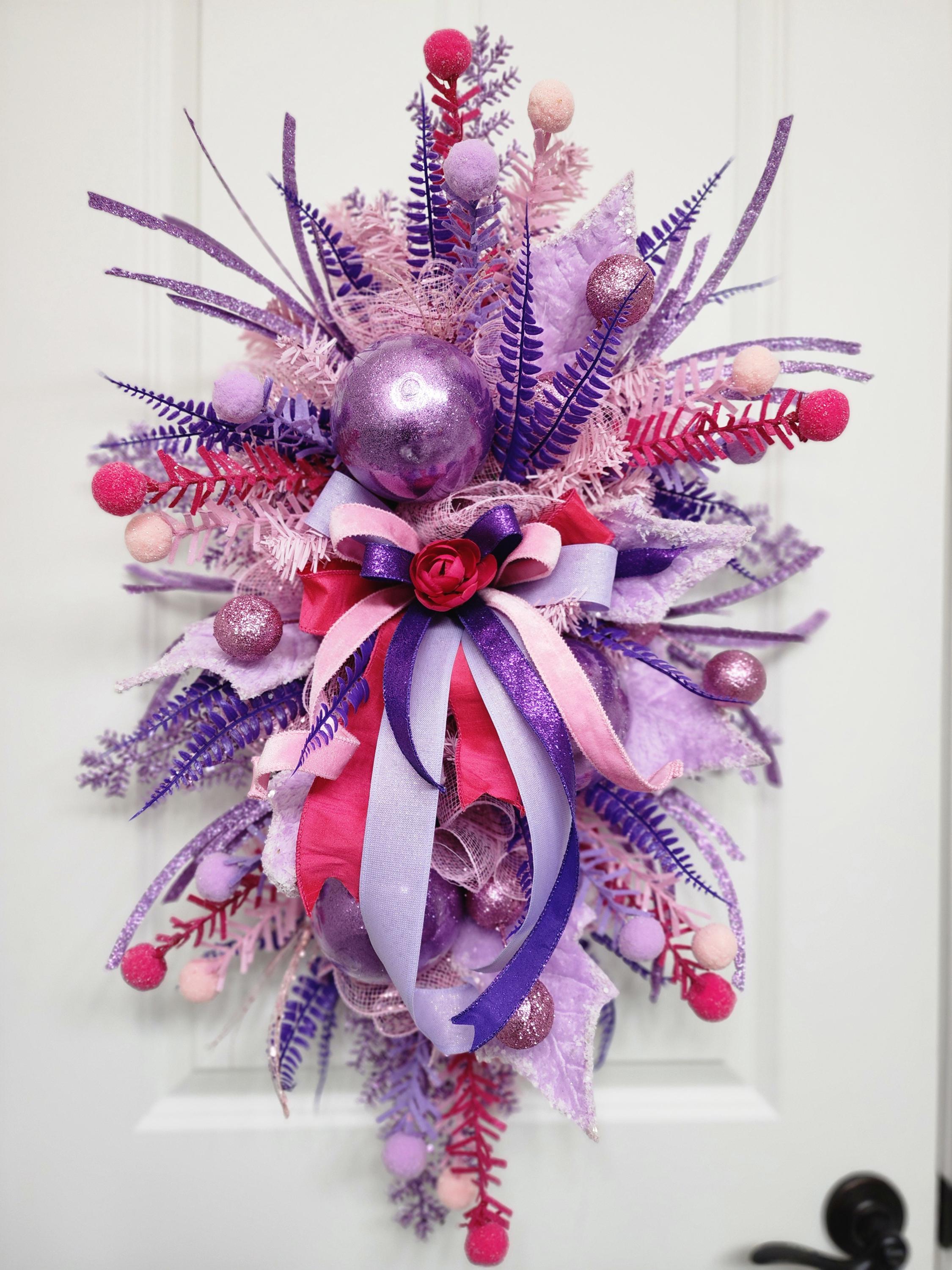 Purple & Pink Christmas Swag – Glitter Ornaments, Holiday Bow