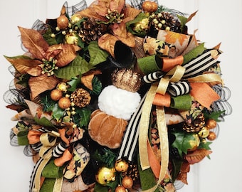 Fall Pumpkin Wreath: Velvet, Gold, Pinecone Autumn Door Decor