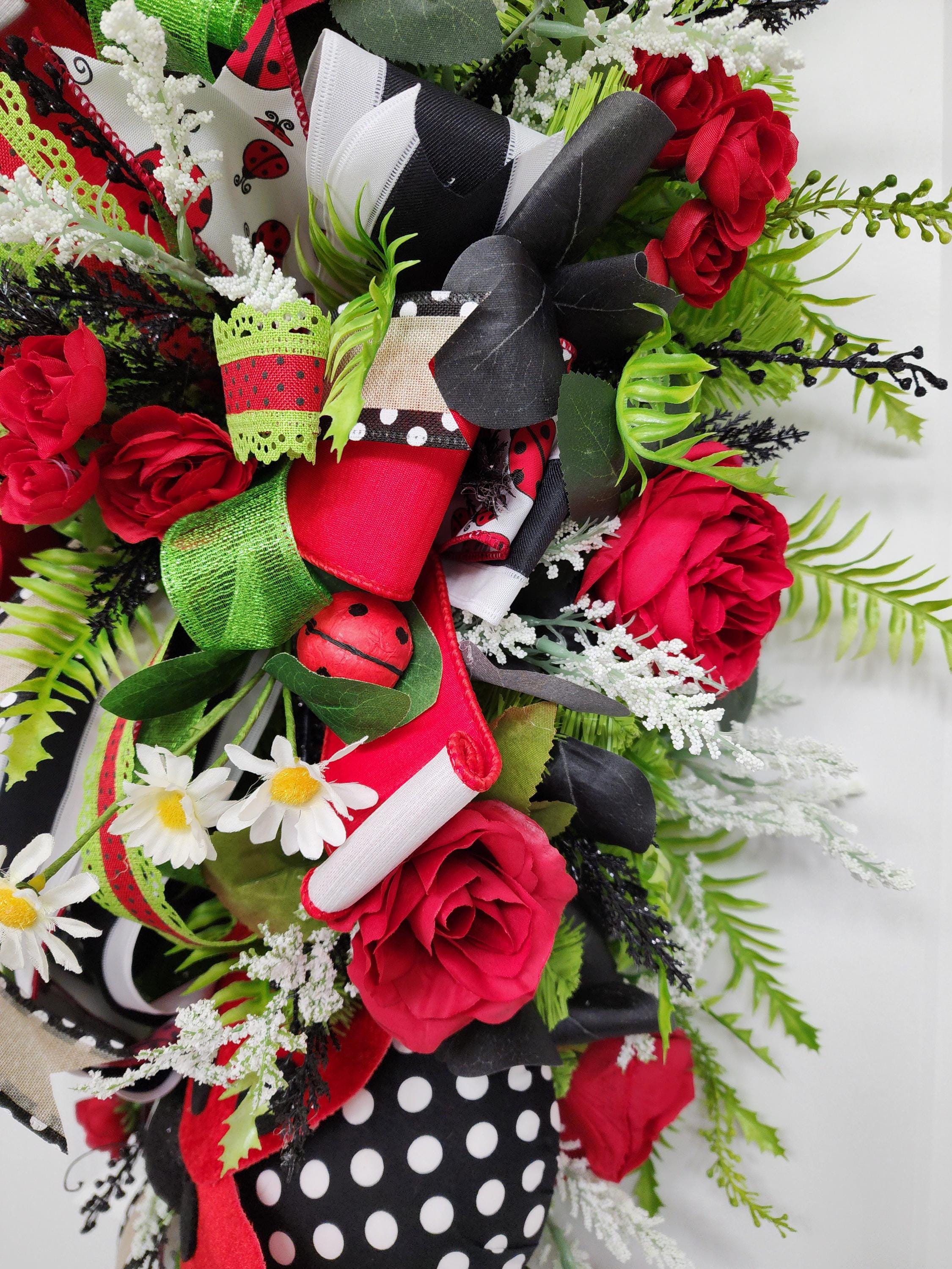 Ladybug Door Swag: Red Roses & Polka Dot Bows, Whimsical Summer Decor ...