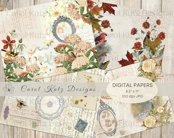 May include: Digital papers with vintage floral and botanical designs. The papers include illustrations of birds, flowers, and leaves, with a distressed, aged appearance. The text "DIGITAL PAPERS 8.5" x 11" 300 dpi JPG" is visible.
