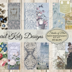 Junk Journal, Kit, Shades of Blue, Printable Tall Slim Skinny Journal, Document Style, Digital Download, Printable, Carol Kutz Designs