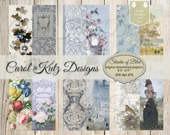 Junk Journal, Kit, Shades of Blue, Printable Tall Slim Skinny Journal, Document Style, Digital Download, Printable, Carol Kutz Designs