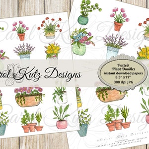 Garabatos de plantas en maceta, macetas de flores, descarga instantánea, impresión digital, acuarela pintada a mano, papeles imprimibles, Art Journal Ephemera