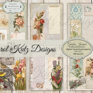 May include: A digital download kit for a tall journal with 8.5 x 11 inch papers. The kit includes floral, bird, and text designs in shades of blue, green, brown, and white. The text on the image reads "Garden Journal Tall Journal Kit digital download papers 8.5" x 11" 300 dpi JPG".
