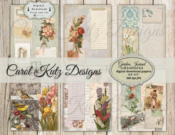 Junk Journal, Kit, Garden Journal, Tall Slim  Skinny Journal, Document Format, Digital Download, Printable, Carol Kutz Designs