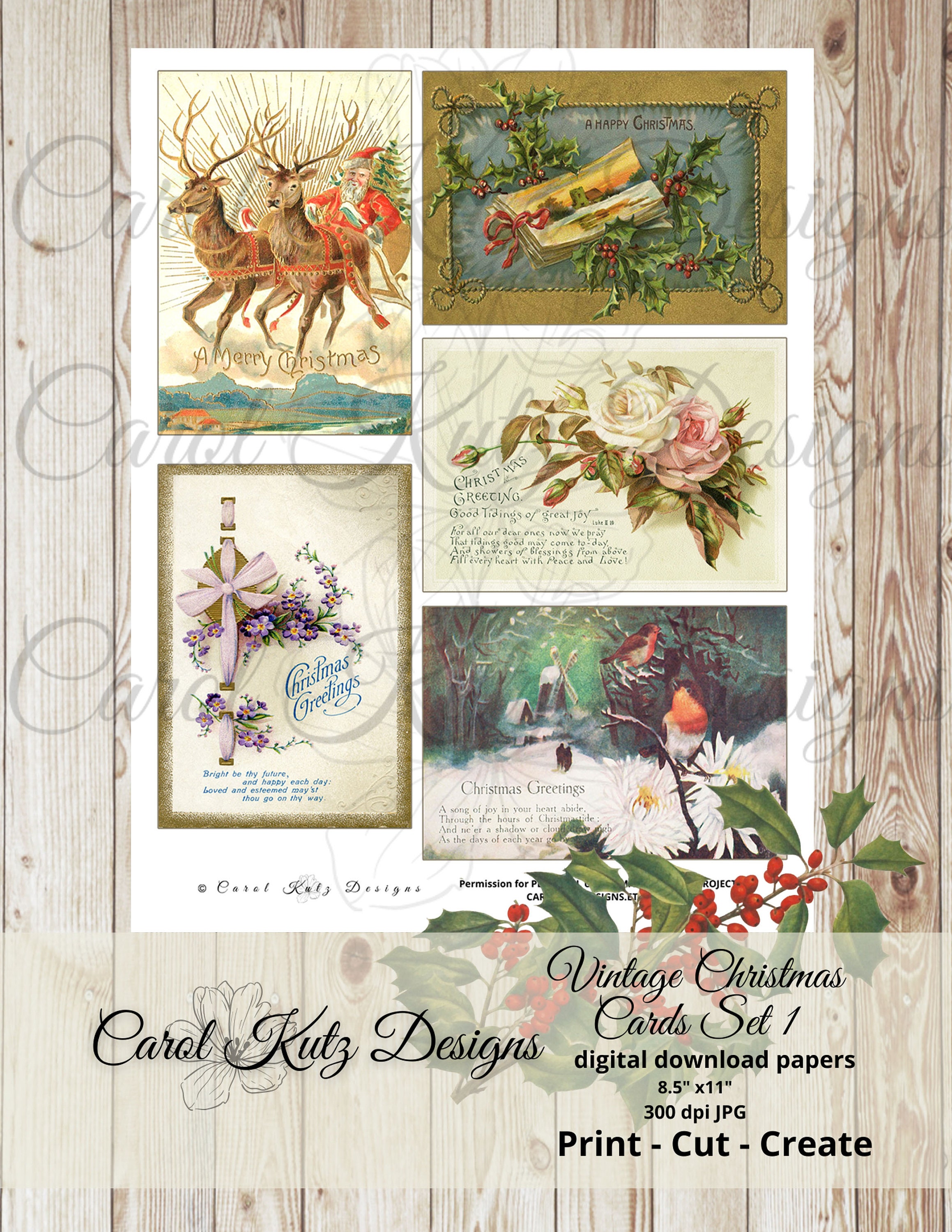 Vintage Christmas Cards Set 1, Christmas Journaling Cards, Digital ...