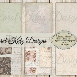 May include: A digital download kit for a tall journal featuring a floral design. The kit includes 8.5 x 11 inch papers at 300 dpi. The papers have a vintage aesthetic with floral patterns, handwritten text, and a distressed look.