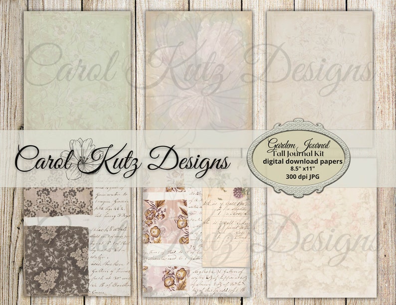 May include: A digital download kit for a tall journal featuring a floral design. The kit includes 8.5 x 11 inch papers at 300 dpi. The papers have a vintage aesthetic with floral patterns, handwritten text, and a distressed look.