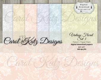 May include: A set of four digital paper patterns featuring a vintage floral design in shades of pink, blue, yellow, and white. The papers are 8.5 inches by 11 inches and 300 dpi JPG.