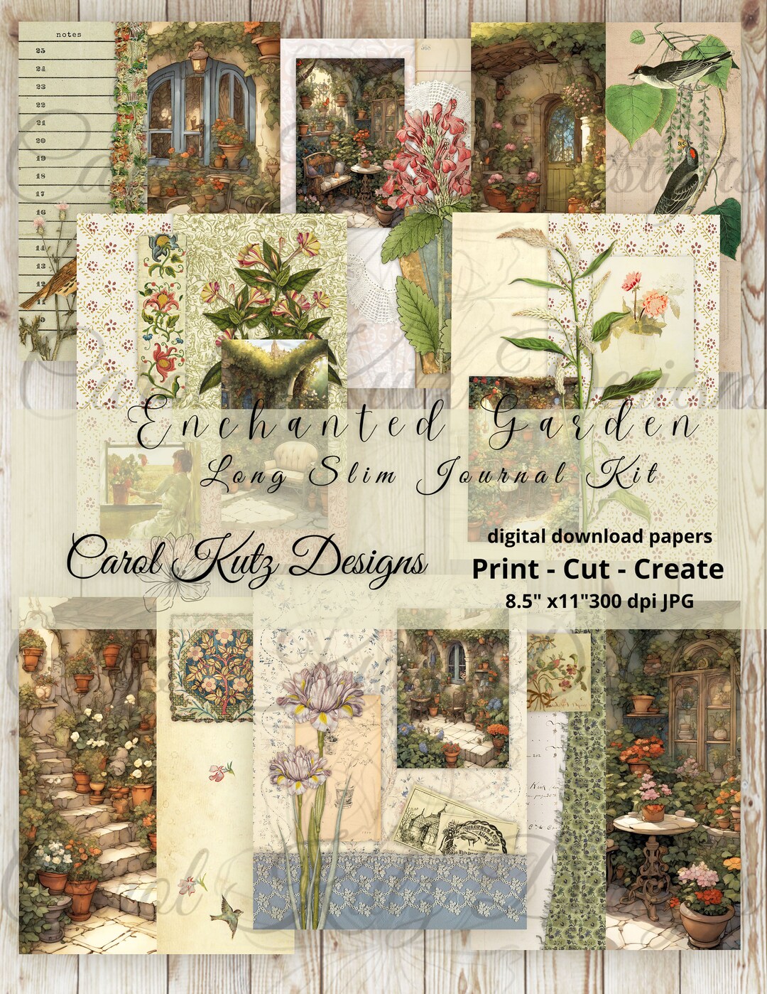 Junk Journal, Kit, Enchanted Garden, Document Style, Long Slim Journal ...