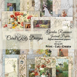 Junk Journal, Garten Romantik, Journal Papiere, digitaler Download, bedruckbar, Blumen Papiere, Querformat, Carol Kutz Designs