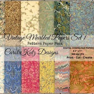 May include: A collection of twelve sheets of vintage marbled papers in various colors and patterns. The papers include swirls, veins, and mottled designs in shades of blue, green, brown, and gold. The text "Vintage Marbled Papers Set 1" and "Carol Kutz Designs" are visible.