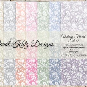 Op de afbeelding: Een set van 11 digitale papierpatronen met een vintage bloemenontwerp in verschillende pastelkleuren. De papieren zijn 8,5 inch bij 11 inch en 300 dpi JPG-bestanden. De tekst "Vintage Floral Set 11" staat bovenaan de afbeelding. De tekst "Pattern Paper Pack digital download papers 8.5"x11" 300 dpi JPG Print - Cut - Create" staat onderaan de afbeelding.