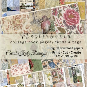 Junk Journal, pages de livres Masterboard, étiquettes, cartes, éphémères, techniques mixtes, papiers collage, téléchargement numérique, imprimable, dessins Carol Kutz