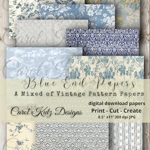 Blue End Papers, Junk Journal, Paper Pack, Digital Download, Vintage Papers, Printable Paper, Scrapbook Paper, Carol Kutz Designs