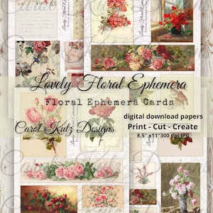 Cartões de diário florais adoráveis, efêmeros, download digital, imprimíveis, designs de Carol Kutz