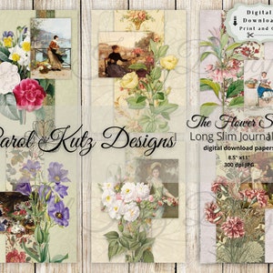 The Flower Seller, Long Slim Journal, Tall Slim Journal Kit, Digital Download, Instant Digital Journal Paper Kit, Document Style Journal Kit