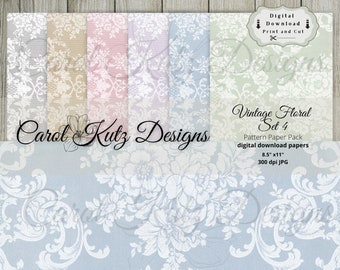 May include: Set of four digital paper patterns featuring a vintage floral design in various pastel colors. The papers are 8.5 inches by 11 inches and 300 dpi.