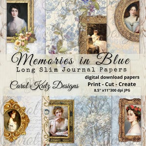 Junk Journal, Kit, Memories in Blue, Skinny, Long Slim, Document Journal, Digital Download, Printable, Carol Kutz Designs