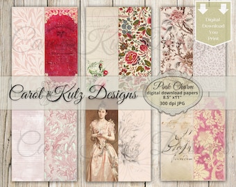 Junk Journal, Kit, Pink Charm, Tall Slim Skinny Journal, Document Journal, Digital Download, Printable, Carol Kutz Designs