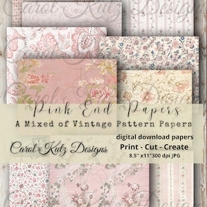 Op de afbeelding: Een set van acht digitale papierontwerpen met vintage bloemmotieven in roze, wit en crème tinten. De papieren zijn 8,5 inch bij 11 inch en 300 dpi. De tekst "Pink End Papers" en "A Mixed of Vintage Pattern Papers" wordt weergegeven op de afbeelding.