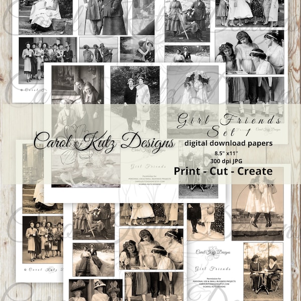 Girl Friends Set 1, Printable, Instant Download, Vintage Photos, Black & White Photographs, Junk Journaling, Ephemera, Carol Kutz Designs