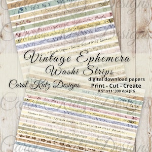 Junk Journal, Skinny Vintage Ephemera Washi Tape, Digitale download, Afdrukbare Washi, Papierstroken, Carol Kutz Designs