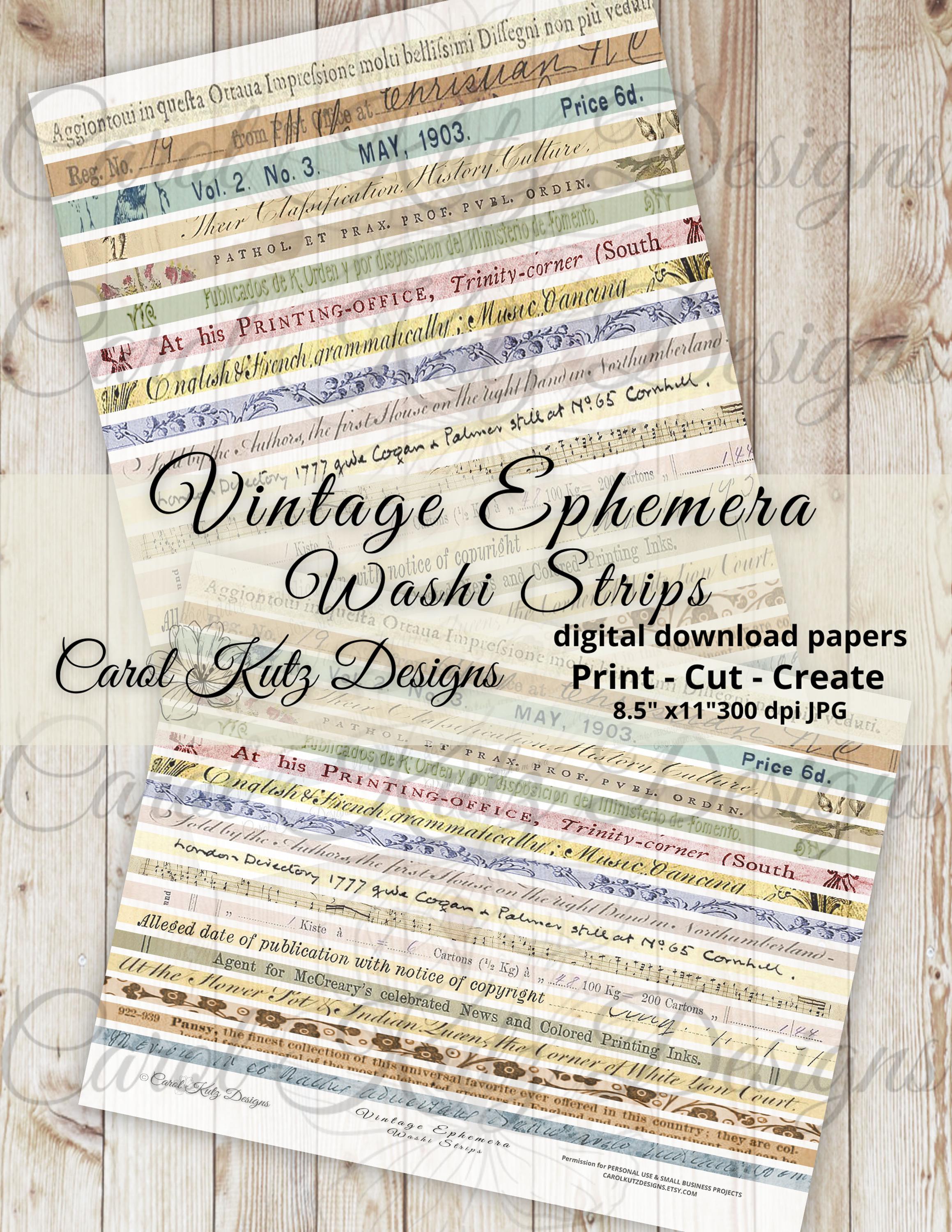 Junk Journal, Skinny Vintage Ephemera Washi Tape, Digital Download ...