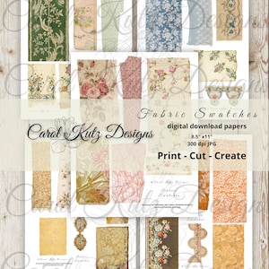May include: A digital download set of 12 vintage fabric swatches, featuring floral, geometric, and paisley patterns in shades of pink, blue, green, and gold. The digital papers are 8.5 inches by 11 inches and 300 dpi.