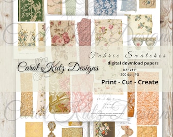 Junk Journal, Fabric Swatches, Digital Download, Printable, Creative Papers, Vintage Fabric Remnants, Ephemera, Carol Kutz Designs