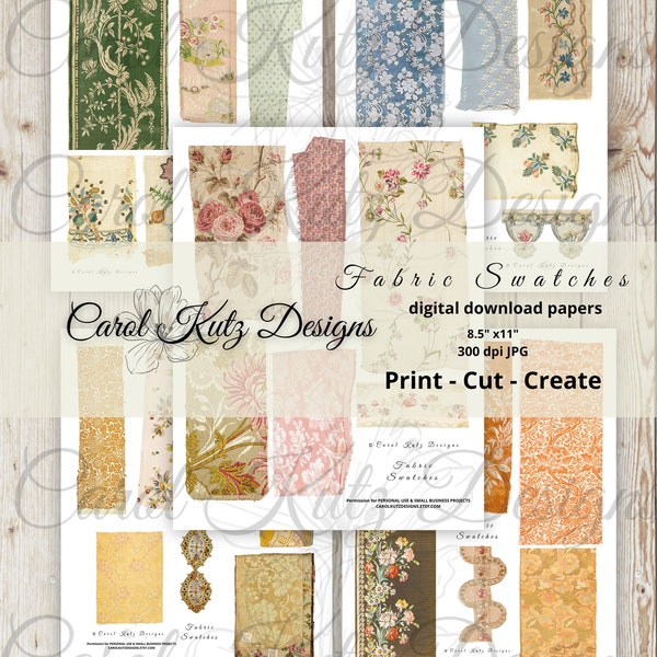 Fabric Swatches, Digital Download, Printable, Creative Papers, Vintage Fabric Remnants, Junk Journal, Ephemera, Carol Kutz Designs