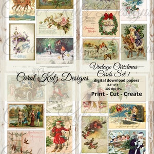 May include: A digital download set of 12 vintage Christmas cards featuring images of Santa Claus, reindeer, winter scenes, and holiday greetings. The cards are 8.5 inches by 11 inches and 300 dpi.