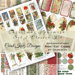 Kit Cluster Natalizio, Set 2 di Ephemera Natalizie, Junk Journal, Download Digitale, Stampabile, Carte Creative, Carol Kutz Designs