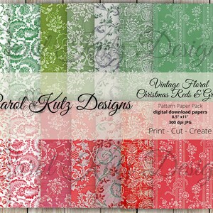 May include: A collection of patterned paper sheets in shades of red and green. The designs include floral and paisley patterns, with the text "Vintage Floral Christmas Reds & Greens" and "Carol Kutz Designs". The paper pack is 8.5" x 11" and 300 dpi.