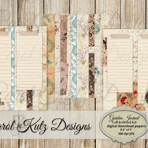 May include: A digital download kit for a journal with a vintage floral and bird theme. The kit includes 8.5 x 11 inch papers with a 300 dpi resolution. The text on the image reads "Garden Journal Tall Journal Kit digital download papers 8.5" x 11" 300 dpi JPG".