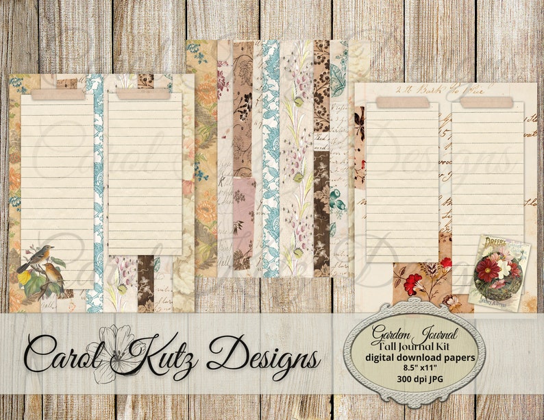 May include: A digital download kit for a journal with a vintage floral and bird theme. The kit includes 8.5 x 11 inch papers with a 300 dpi resolution. The text on the image reads "Garden Journal Tall Journal Kit digital download papers 8.5" x 11" 300 dpi JPG".