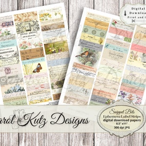 Peut inclure: Un téléchargement numérique de bandes d'étiquettes d'éphémères imprimables de 8,5 x 11 pouces. L'image montre une collection d'étiquettes de style vintage avec des motifs floraux et textuels. Les étiquettes sont parfaites pour le scrapbooking, la fabrication de cartes et autres travaux manuels en papier.