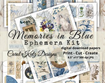 May include: A digital ephemera kit with blue and white floral designs, butterflies, birds, and vintage frames. The kit includes 16 printable papers in 8.5 x 11 inches at 300 dpi. The text "Memories in Blue Ephemera Kit" is featured in the image.
