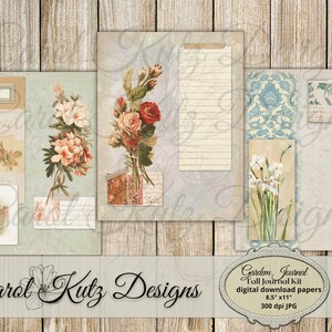 May include: Digital download kit for a journal with a floral theme. The kit includes 8.5 x 11 inch papers with images of flowers, a lined page, and a patterned page. The papers are 300 dpi JPG.