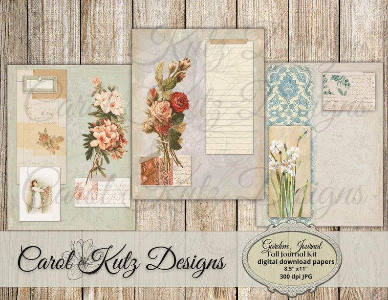 May include: Digital download kit for a journal with a floral theme. The kit includes 8.5 x 11 inch papers with images of flowers, a lined page, and a patterned page. The papers are 300 dpi JPG.